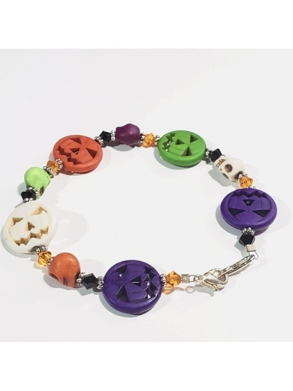 Halloween handmade Jack-o-lantern Skull pumpkin beaded bracelet 7"